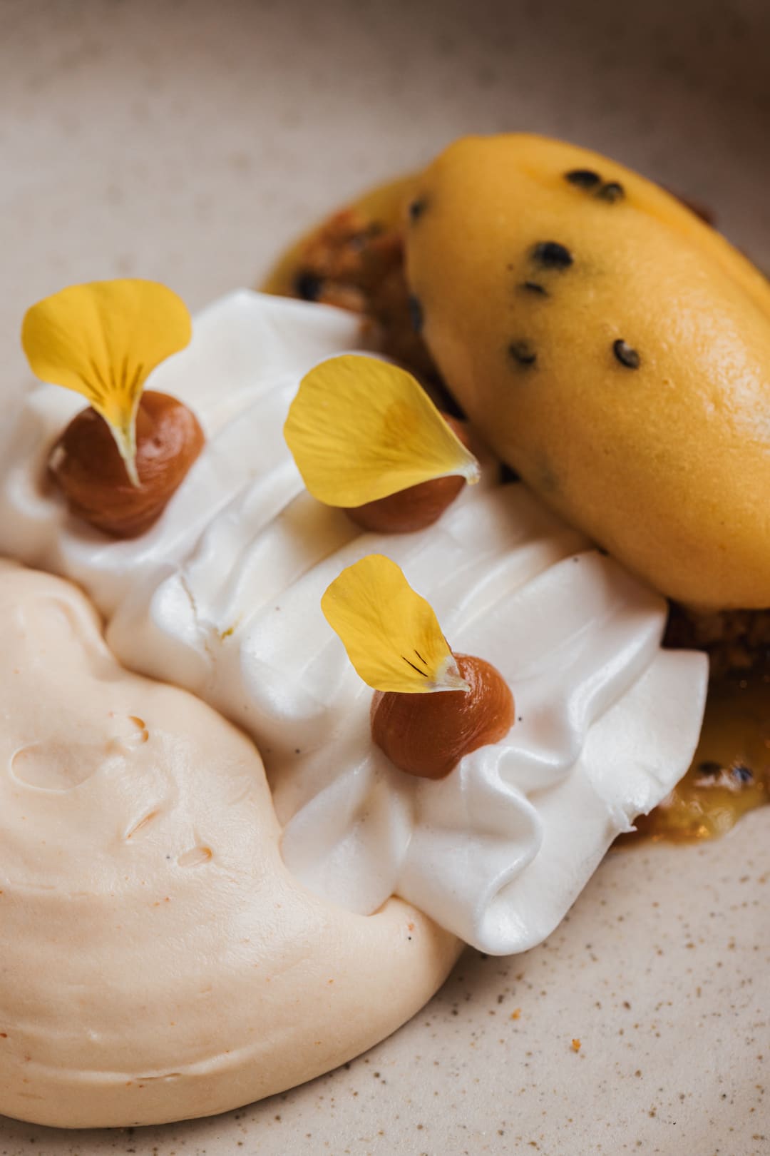 A pavlova photographed close, cream and fruit on the crisp meringue